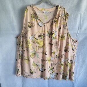 Liz Claiborne Size 2x Blush Pink Sleeveless Floral Print Stretch Blouse Tie Neck